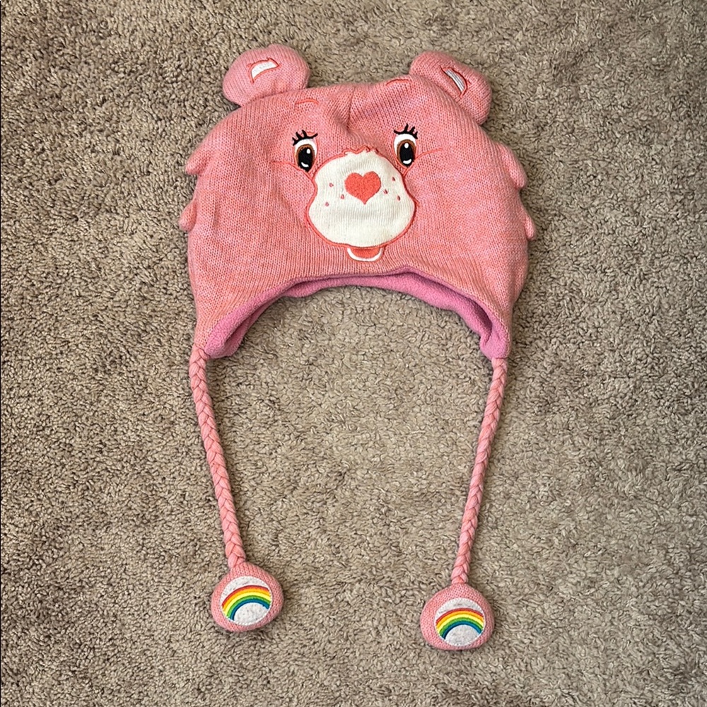 Pink Bear Knit Hat with Rainbow Tassels